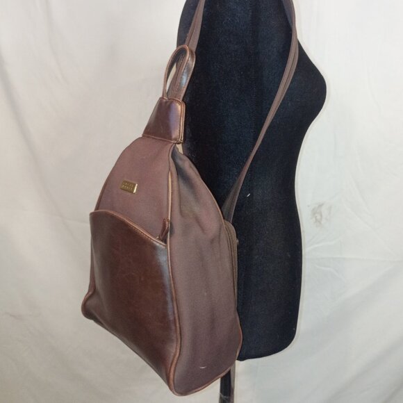 '90s CRAZY HORSE/Liz Claiborne Brown Leather & Nylon 2-Way Daypack Sling Bag - Picture 2 of 14